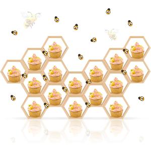 12 Pcs Mini Honeycomb Cupcake Stand Cake Farmhouse Hexagon Display Holder Hexagonal Wood Cupcake Stand Floating Table Sign with 50 Tiny Wooden Bee for Baby Shower (Wood Color)