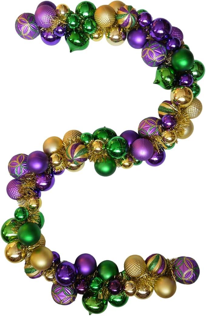 6 Ft Mardi Gras Garland with Purple Green Gold Glitter Balls, Carnival Bead Decor for Front Door, Mantel, Wall and Fireplace, Festive Fat Tuesday Indoor Outdoor Party Supplies