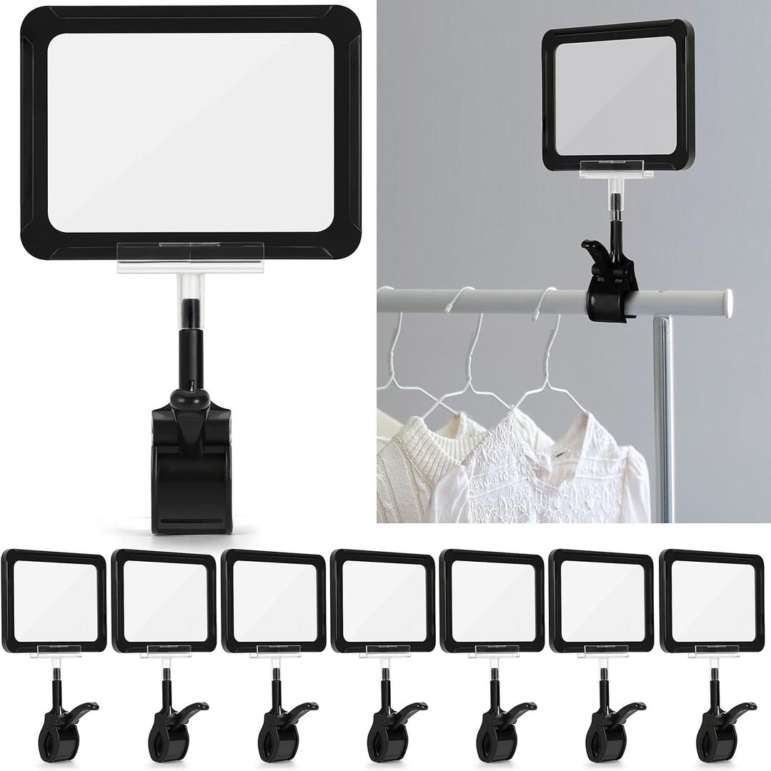 Mlici Acrylic Sign Holder with Clamp, 6 x 9 Inch Double Head Display Clips with PVC Card Protector, Rotating Sign Price Tag Clip On Sign Display for Hangrails or Tubes (Pack of 7) (Black)