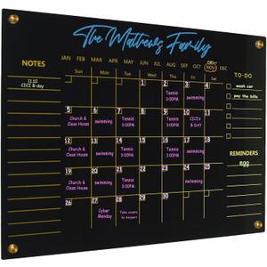 Black Acrylic Calendar Dry Erase for Wall, Family Planner, Monthly Calendar Dry Erase Whiteboard for Home, Office, 17" x 13"Reusable White Board(Acrylic-BK-3343)