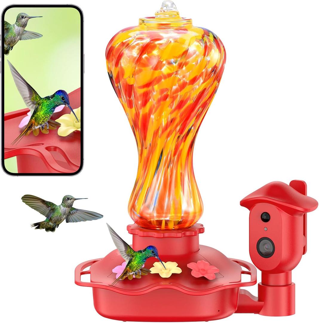 Smart Glass Hummingbird Feeder with Camera, 2K HD Live View, 2.4GHz WiFi Only, Solar-Assisted Outdoor Bird Feeder, App Motion Alerts, AI Bird ID, Ant Moat, Easy Clean Drip-Resistant Nectar Feeder