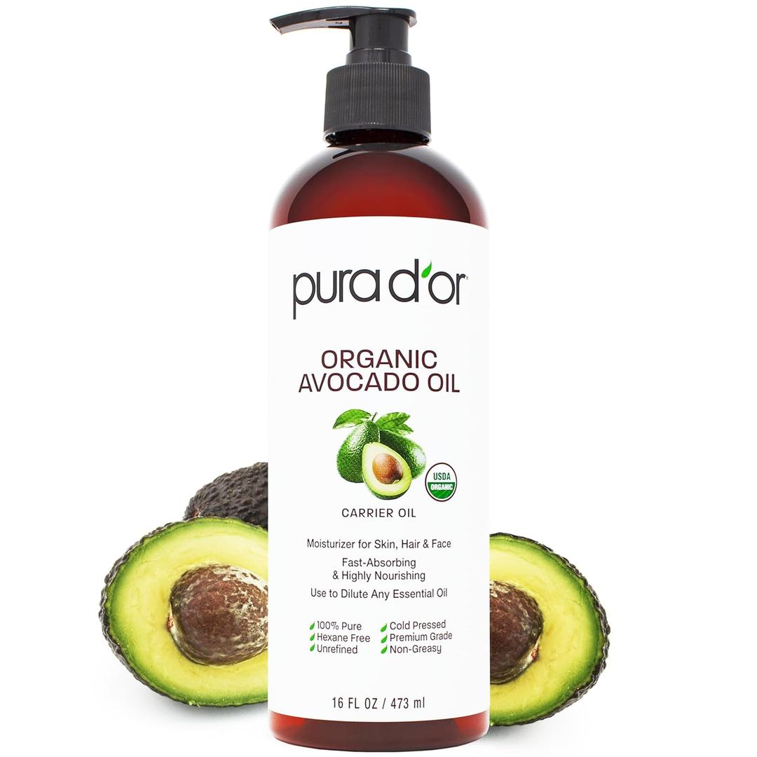 PURA D'OR ORGANIC Avocado Oil (16 Oz) 100% Pure & Natural USDA Certified Cold Pressed Carrier Oil For DIY Beauty, Non-Greasy, Unscented, Hexane Free Liquid Moisturizer - Face Skin & Hair - Men & Women