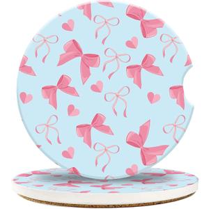 Car Coasters for Cup Holders, Pink Bows with Hearts Absorbent Ceramic Car Coaster with Finger Notch & Cork Base,Car Interior Accessories for Women Men 2.56"(2 Pack) (Color8)