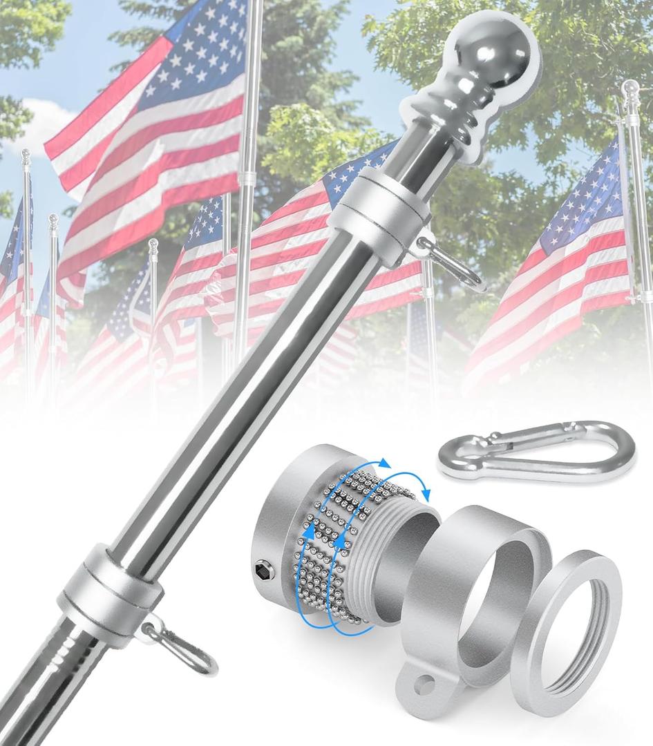 Stainless Steel Flag Poles, 6 FT Flag Pole for Outside House, Residential or Commerical, 1 Inch Spinning Flag Pole for 3X5 Flag, Silver High Wind Flag Pole (Without Bracket)