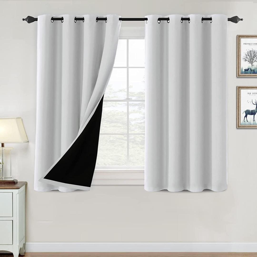 H.VERSAILTEX 100% Blackout Curtains for Bedroom Thermal Insulated Blackout Curtains 45 inch Length Full Light Blocking Window Drapes for Living Room with Black Liner 2 Panels, Greyish White
