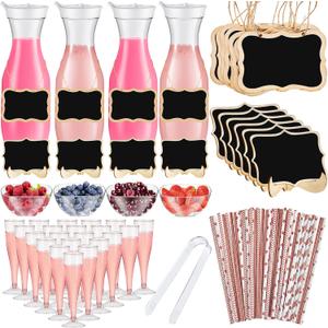 Mumufy 82 Pcs Mimosa Bar Supplies 34 oz Plastic Water Carafe with Lids Plastic Champagne Flutes Pitchers for Drinks with Serving Bowls Serving Tongs Chalkboard Stickers Straws(Groovy,Mixed Colors)