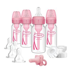 Dr. Brown's Anti-Colic Baby Feeding Set with Slow Flow Nipples, Travel Caps, Silicone Pacifier - Pink (13 Piece Set)