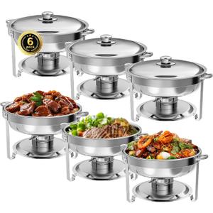 Chafing Dish Buffet Set of 3 Pack, 5QT Round Stainless Steel Chafer for Catering, Upgraded Chafers and Buffet Warmer Sets with Food & Water Pan, Lid, Frame, Fuel Holder for Event Party Holiday