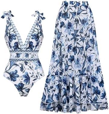 FLAXMAKER Blue and White V Neck Lace Up Strip Plant Prints One Piece Swimsuit and Skirt/Sarong, XL