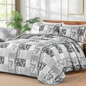 WONGS BEDDING Quilt Set Queen Size Grey, 3 Pieces Patchwork Plaid Bedspread Coverlet Set, Floral Soft Microfiber Bedding Set for All Season(96"90")