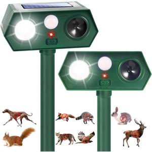 Cat Repellent Outddor, Deer Repellent Devices Solar Ultrasonic Animal Repeller Deterrent with Motion Detection&Flash Light to Keep Squirrel Dog Raccoon Rabbit Coyote Out of Yard Farm Garden(2Pack)