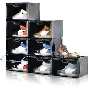 Amllas 8 Pack Shoe Boxes Black Plastic Stackable, Large Shoe Storage Organizer,Drop Side Front Shoe Containers for Entryway,Sneaker Storage Fit up to US Size 13 for Men/Women(13’’x 10.6”x 8.3”)