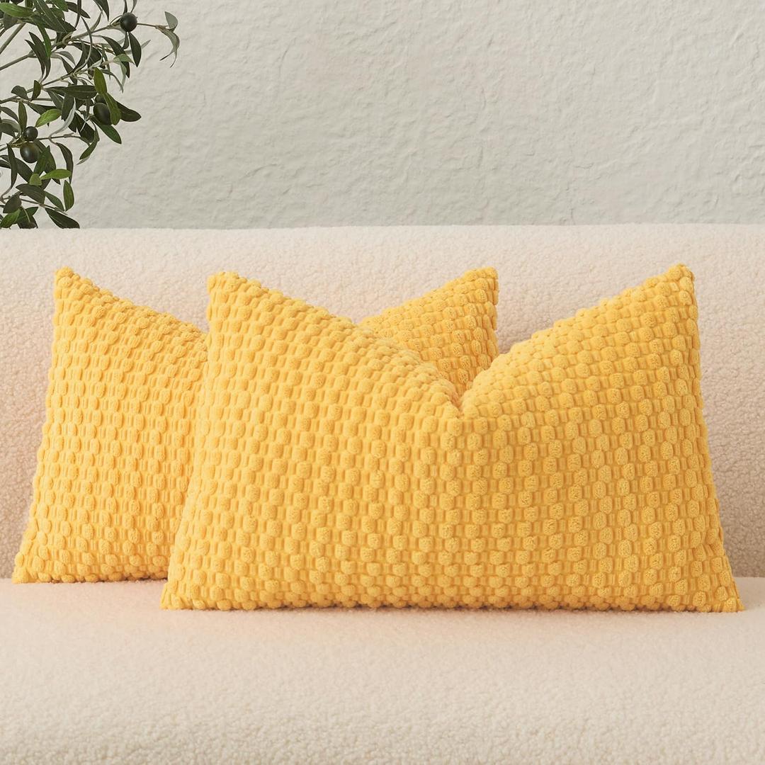 UGASA Velvet 12x20 Inch Lumbar Throw Pillow Cover, Both Sides Corduroy Striped, Soft Solid Decorative Rectangular Cushion Case for Couch/Bedroom/Car, 2 Pieces, Sunflower Yellow