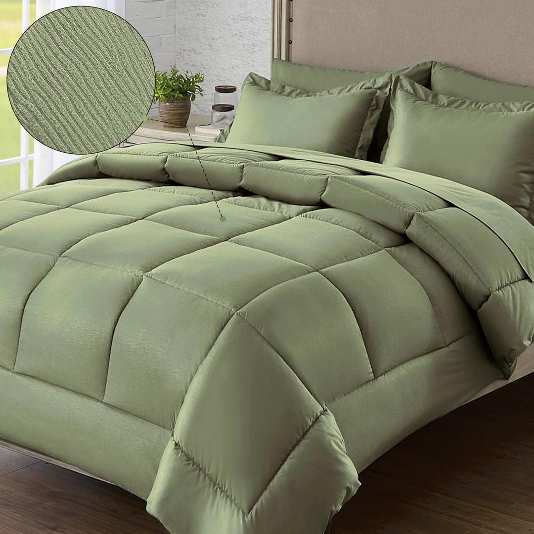 QUIETSEA Queen Bed in a Bag 7 Pieces Comforter Set Queen, Wood Grain Texture Bedding Comforter Set Green Bed Set with Comforter, Pillowcases, Flat Sheet, Fitted Sheet and Pillow Shams