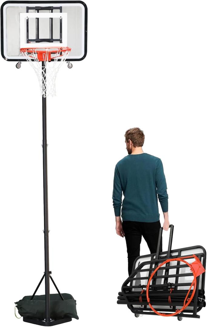 Foldable Basketball Hoop, Portable Basketball Hoop Outdoor, 7.1FT-8.9FT Adjustable Height, for Beach, Backyard, Park, Driveway