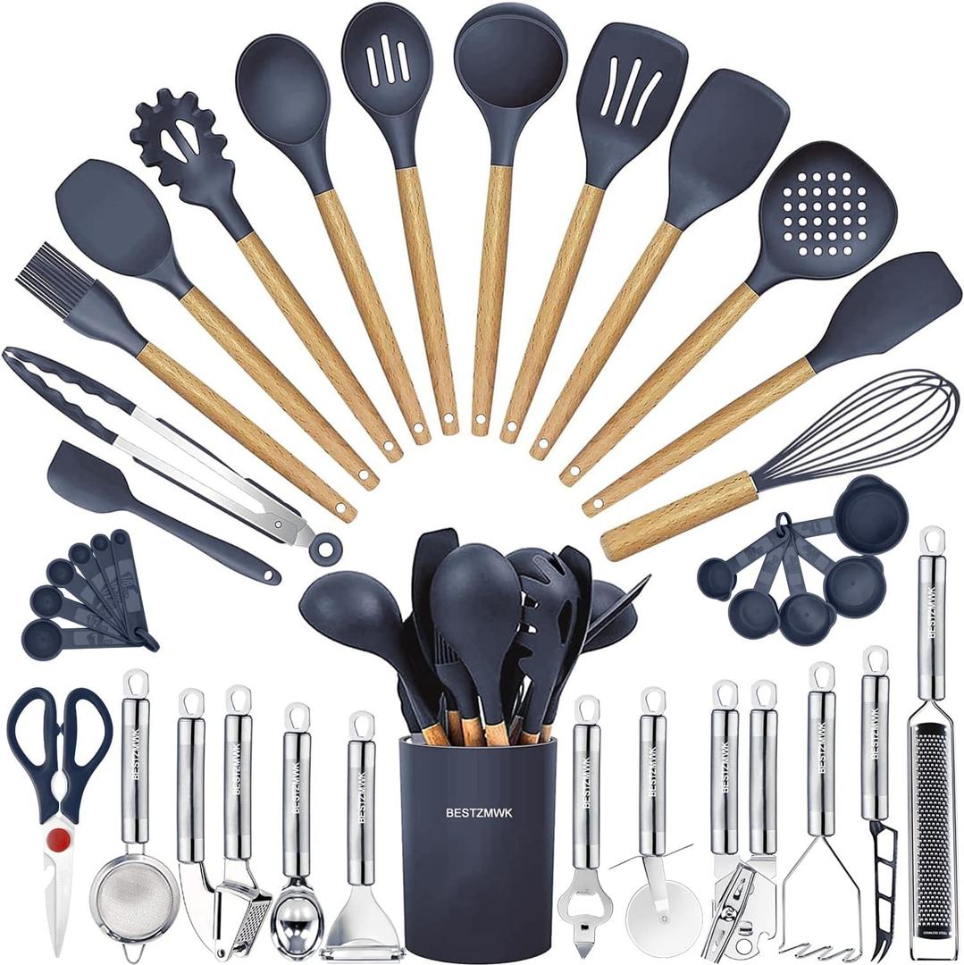 Cooking Utensils Set- 35 PCs Kitchen Utensils with Grater,Tongs, Spoon Spatula &Turner Made of Heat Resistant Food Grade Silicone and Wooden Handles Kitchen Gadgets Tools Set for Cookware (Blue)