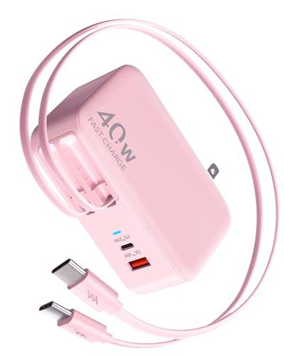 Retractable USB C Charger Wall Plug with 35.5in/90cm Type C Cables Cords,40W Fast Charging Foldable Block Multi Charger for All Devices for iPhone 17/16/15/14/13/12,iPad,Galaxy,Pixel