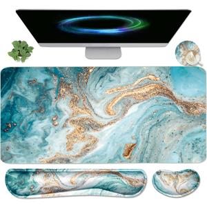 Keyboard Mouse Pad Set, Extended Mouse Pad+Keyboard Wrist Rest Support, Memory Foam Ergonomic Easy Typing, 3Pcs (35.415.7 in) Desk Pad Set for Home Office Study Game-Green Marble