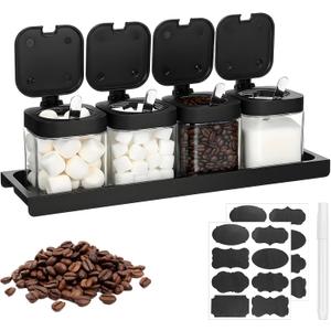 YBEATY 4 Pcs Glass Coffee Containers Coffee Bar Station Organizer Canister Set Airtight Seal Bean Storage Jars Condiment Spice Pots with Base Shelf Labels Spoon Pen for Sugar Tea Candy Oats Nuts