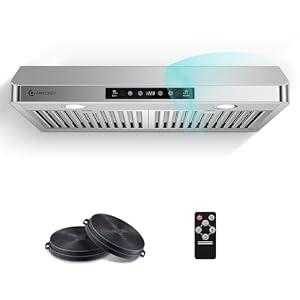 AMZCHEF 30" Under Cabinet Range Hood with Dual Fans System-1050CFM Ultra-Powerful Ventilation, 3 Speed Stainless Steel Kitchen Hood with Touch/ Remote/ Gesture Control, Timer & LED Lights, Baffle Filters
