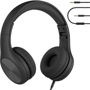 LilGadgets Connect+ Pro Wired Kids Headphones for School w/Microphone, Volume Limiting & Noise Reduction Over-Ear Headset w/Cord, SharePort Technology & SoftTouch Padding, Black Headphones for Kids