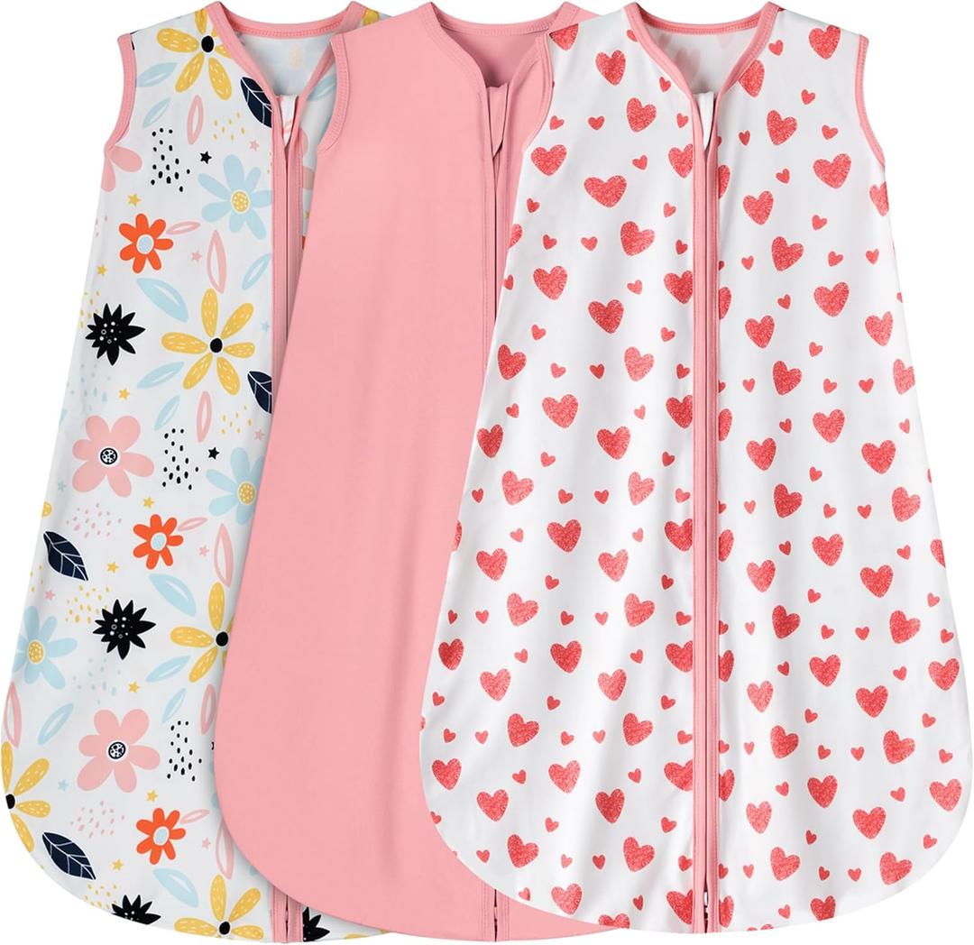BSTOPPT 3 Pack Baby Sleep Sack 6-12 Months 100% Rayon Cotton Baby Sleeping Bag 2-Way Zipper Toddler Wearable Blankets TOG 0.3 (Heart & Pink  & Floral）