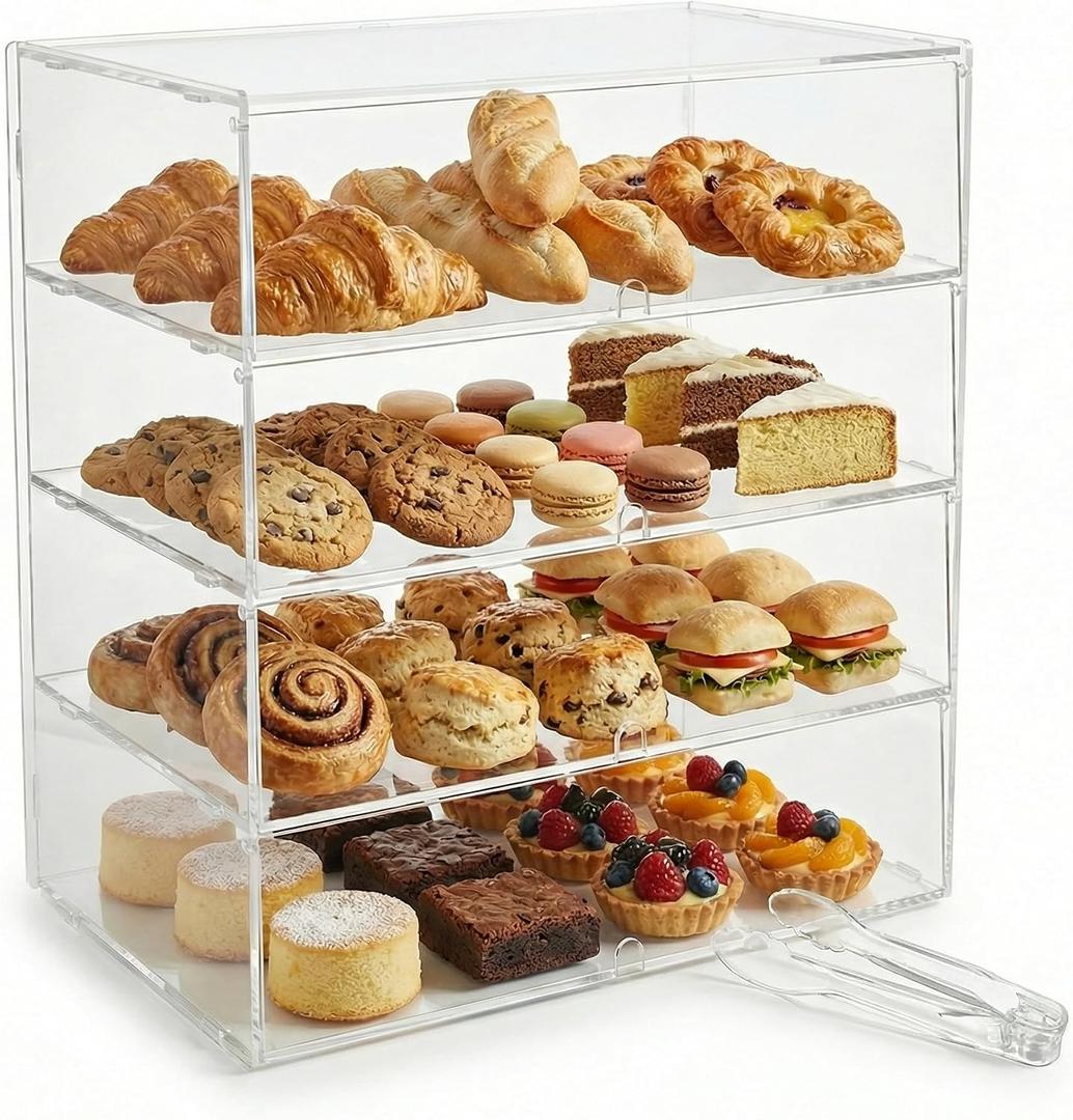 4-Tier Commercial Bakery Display Case, 19.68"x 19.29"x 10.23" Pastry Display Case Countertop Display Cabinet Box for Bread Dessert Food Cookie Baking