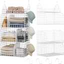 HapiRm Hanging Closet Organizer Storage - 3 Tier Metal Stackable Hanging Closet Shelves with Dividers and S Hooks, Foldable Clothes Shelves for Clothes, Pants, Shoes, Coat, Hats Clutches Accessories (White)