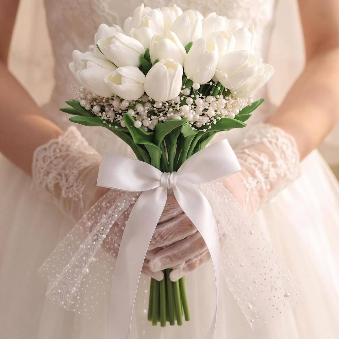 Wedding Holding Bouquet for Bride 25 Stems Tulips Artificial Flowers Bouquets with Pearl DIY Kits for Bridal Wedding Party Decoration Supplies Never Withered Tulip Bouquet for Bridesmaids