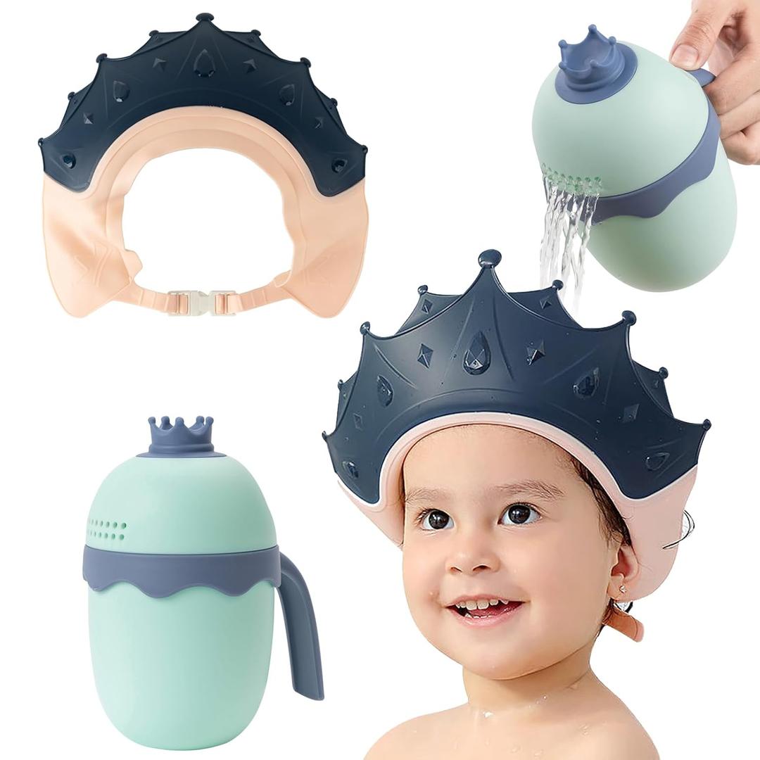 FUNUPUP Baby Shower Cap for Kids with Bath Rinse Cup, Adjustable Toddler Hair Washing Shampoo Shield Hat Baby Bath Visor Shower Hat for KidsCrown Blue)