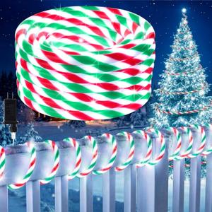 Glooglitter Thick Christmas Candy Cane Rope Light 0.4" Diameter, 33 ft 200 LED Candy Lights 8 Modes Waterproof Multicolor Lights for Garden Xmas Tree, Indoor Outdoor Christmas Decoration (White)