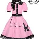 Girls 50s Costume 1950s Pink Blue Poodle Cutie Dress Set for Kids Halloween Costume (10-12 Years)