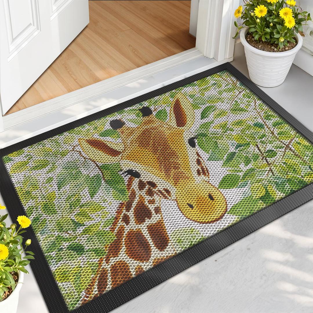 LUMI Outside Door Mat 17x30, Non Slip Rubber Backing Doormat, Low Profile Easy Clean Entrance Mats for Front Back Door Entryway Porch Garage, Giraffe