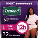 Depend Night Defense Adult Diapers, Incontinence & Postpartum Bladder Leak Underwear for Women, Disposable, Overnight, Large, Blush, 22 Count