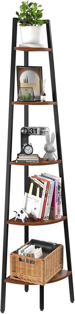 Yoobure Corner Shelf, 5-Tier Corner Bookshelf with Metal Frame & Wood Ladder Shelves - Display Shelf & Tall Bookcase, Plant Stand for Home Decor - Bedroom, Living Room, Office (Berry Brown)