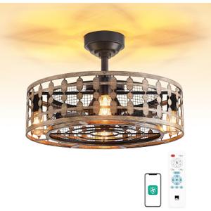Orison 21.5'' Caged Ceiling Fan with Light, Low Profile Ceiling Fan with Light and Remote (395-Wood)