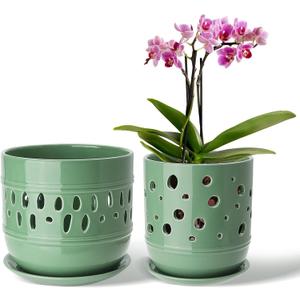 Ceramic Orchid Pot, 5+6 Inch Orchid Pots with Holes, Promoting Air Circulation and Drainage, Indoor/Outdoor Flower Pots - Pea Green