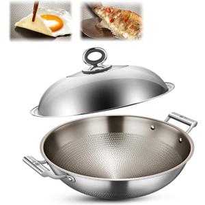 Titanium Hammered Wok with Double Handles, 2026 New Multifunctional Ultra-Durable Scratch-Resistant Non Stick Even Heating Titanium Wok for Cooking,With lid,17.72IN