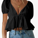 Women's Puff Short Sleeve Tie Up Back Crop Top Deep V Neck Ruffle Hem Peplum Blouse Shirts. Size XL