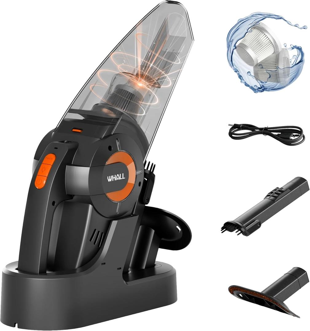 whall Handheld Cordless Car Vacuums, Wet and Dry Use 9000Pa Strong Suction Vacuums, Rechargeable Portable Vacuum Cleaner with LED, Charging Dock, Lightweight Mini Vacuum for Car, Home and Office,Coral