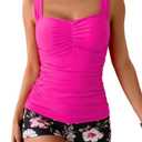 B2prity Women's Tankini Swimsuit Tummy Control Ruched Two Piece Bathing Suit Push Up Modest Swim Suits with Shorts Large