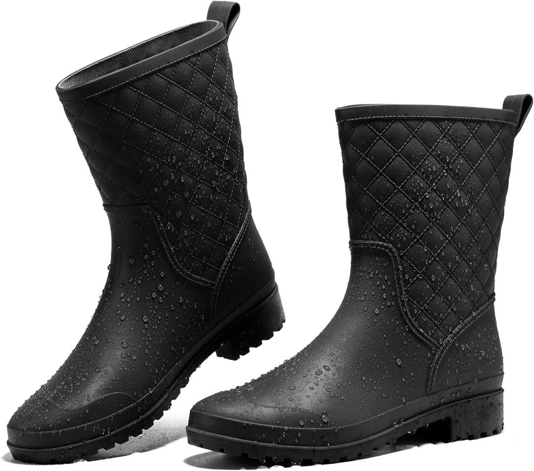 HISEA Rain Boots for Women, Lightweight Fashion Rubber Boots Mid Height Waterproof Garden Shoes Women's Rain Footwear (8, Black)