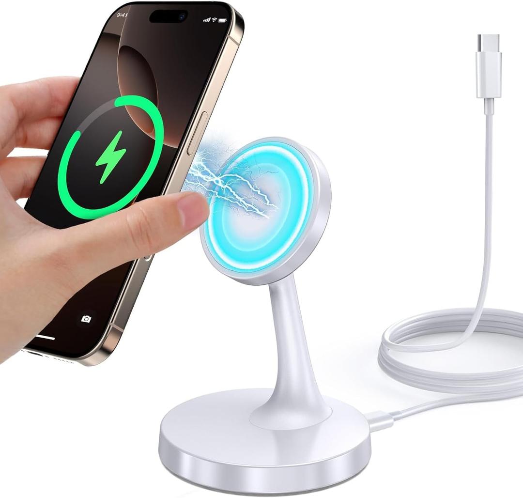 Magnetic Wireless Charger iPhone Stand, 15W Fast Mag-Safe Charger iPhone 17/17 Air/17 Pro/17 Pro Max 16/15/14/13/12 Series Magnet Wireless Charging Station/Pad/AirPods for Home, Office, Travel