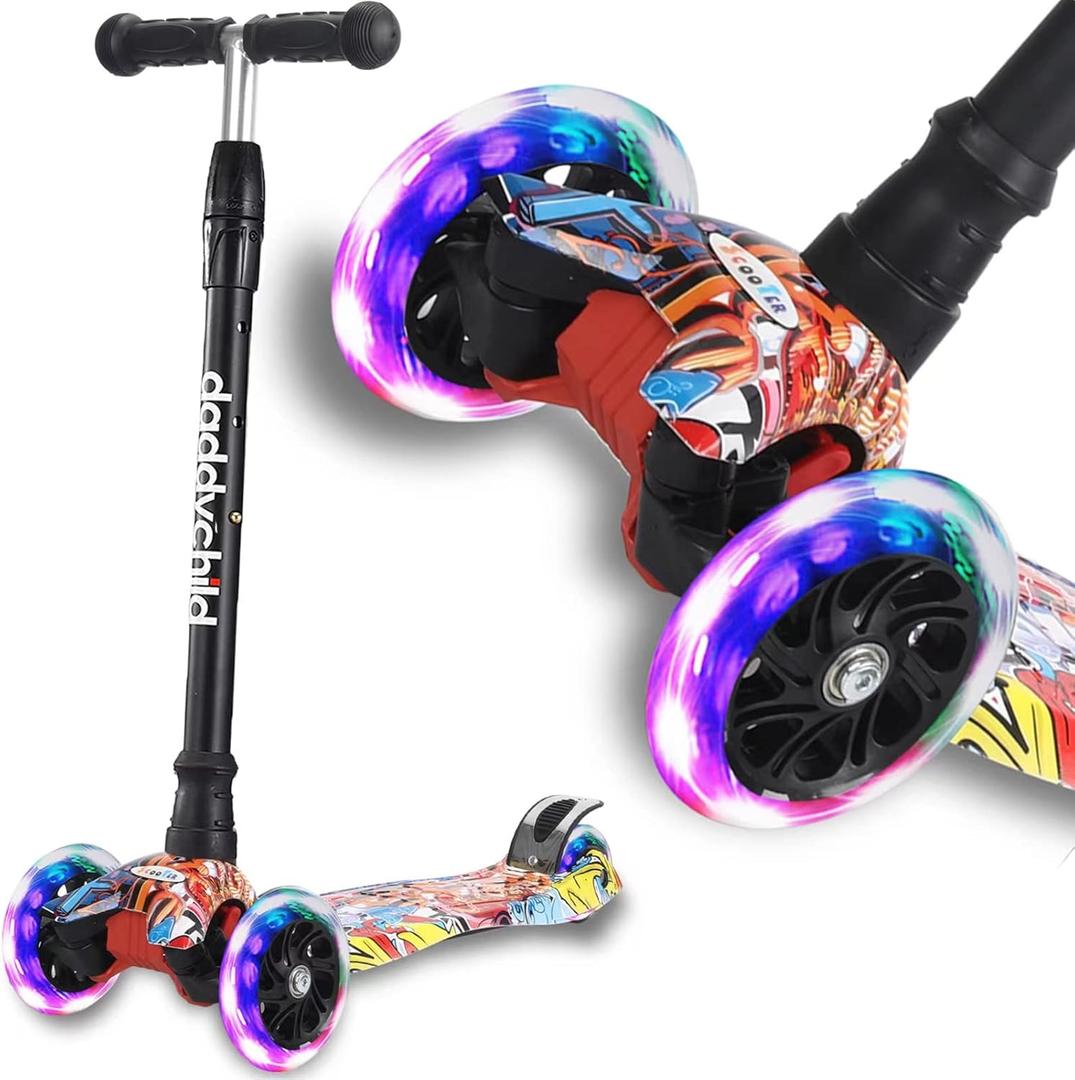 Scooters for Kids 3 Wheel Kick Scooter for Toddlers Girls & Boys, 4 Adjustable Height, Lean to Steer, Extra-Wide Deck, Light Up Wheels for Children from 3 to 14 Years Old (Pop)