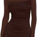 WIHOLL Women's Mesh Sheer Long Sleeve Ruched Mini Dress Sexy Bodycon Mock Neck Cocktail Party Club Dresses 2025. Size Medium