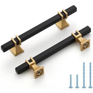 HOME EDIT 5 Pack 4 inch Black & Gold Cabinet Handles Square Zinc-Alloy Pulls for Kitchen Dresser Closet and Bathroom Cabinets Hardware