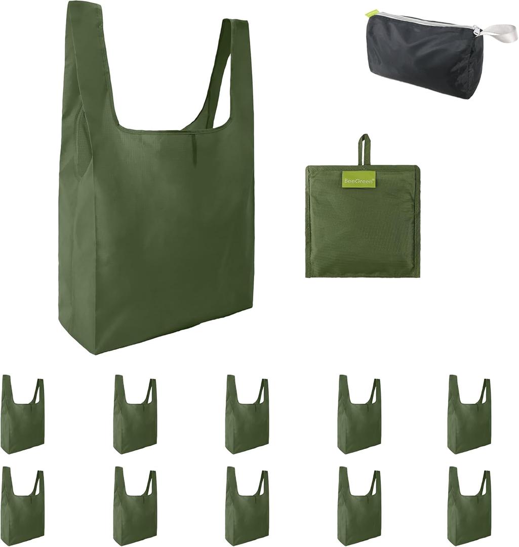 BeeGreen Green Reusable Grocery Bags Wholesale Green Reusable Kitchen Bags Bulk Foldable-Machine Washable with Zipper Storage Pouch 10 Packs (Solid Military Green)