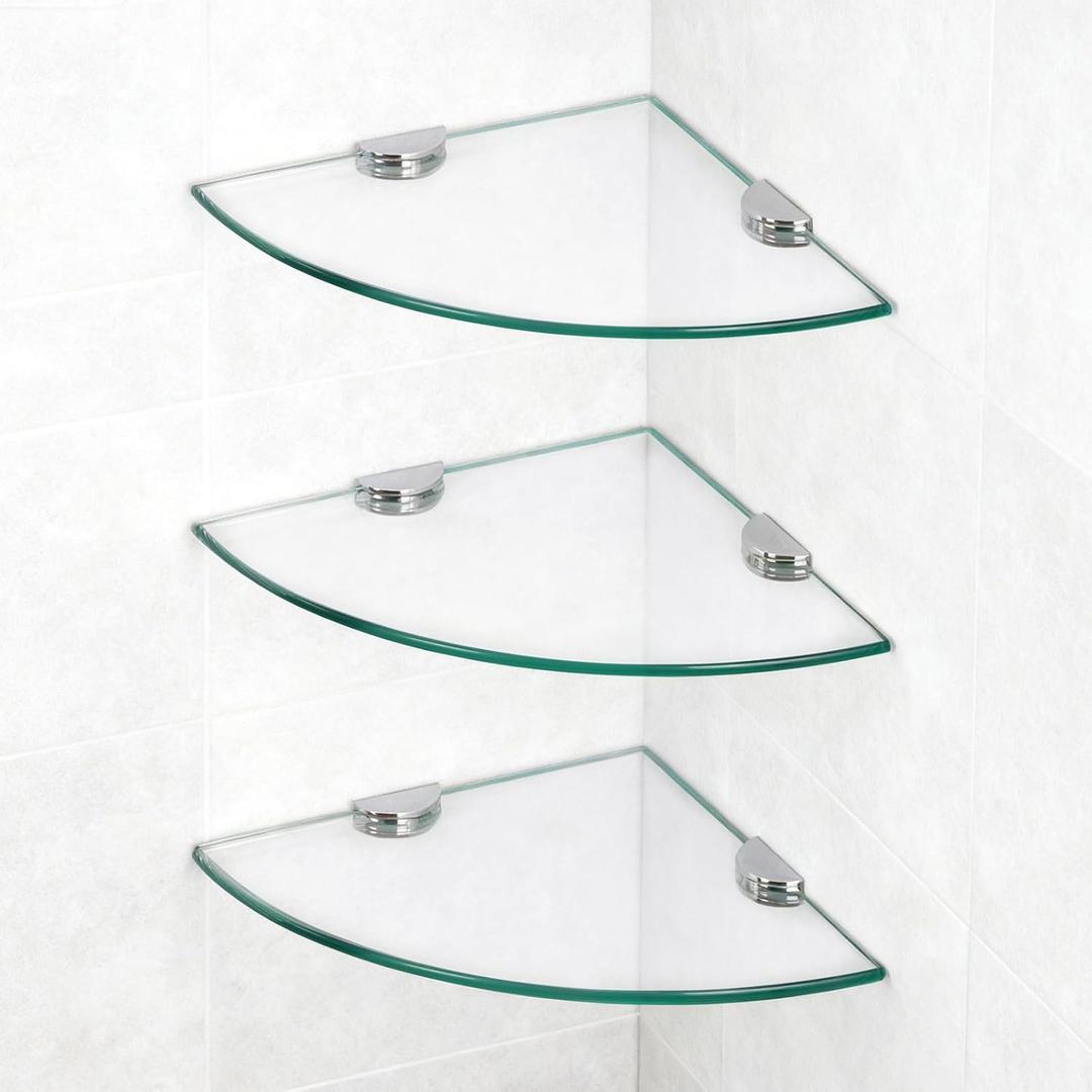 3 Pack Glass Corner Shower Shelves, Tempered Floating Glass Shelves Wall Mount, Shower Caddy Organizer, Bathroom Corner Shelf with Zinc Alloy Brackets for Bathroom, Kitchen, Living Room
