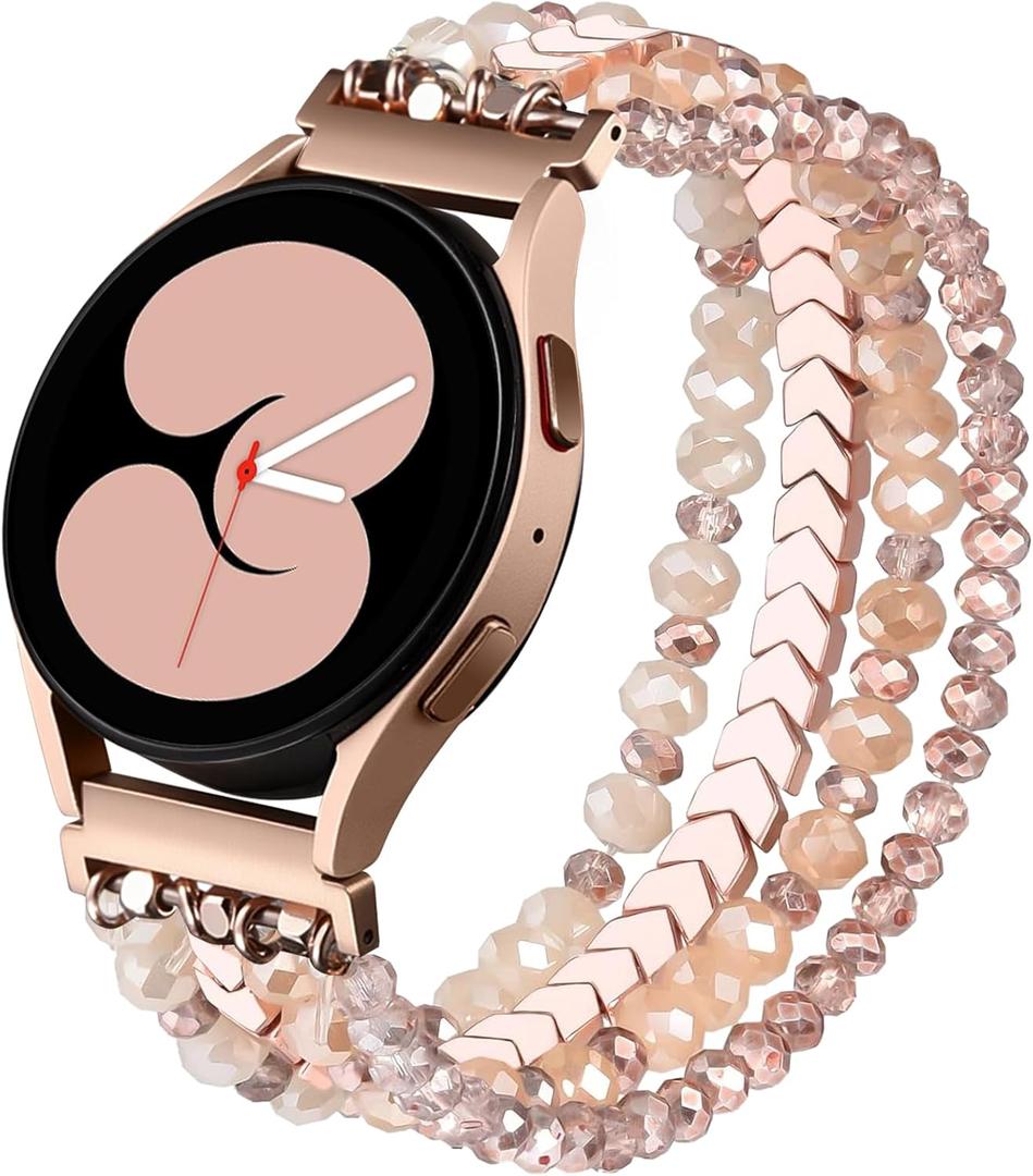 Lerobo Beaded Bracelet Band Compatible with Galaxy Watch 7/6/5/4/Active 2 40mm 44mm/Watch 4 Classic 42mm 46mm/6 Classic 43mm 47mm/5 Pro 45mm, Women Girl 20mm Handmade Fashion Stretchy Watch Band (Medium, Rosegold)