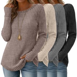 4 Pack Women's Long Sleeve Shirts Boat Neck Ribbed Knit Sweaters with Thumb Holes Loose Fit Casual Tops (Large, Coffee, Cream, Gray, Black)